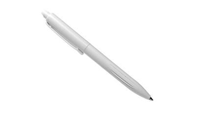 Angled close-up of a white pen with its clip, tip visible, isolated on black