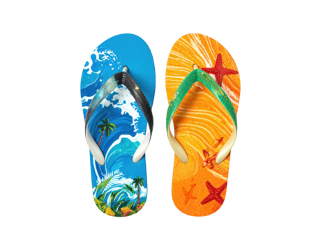 Pair of colorful flip-flops with tropical print