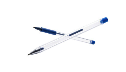 Two transparent writing instruments crossing, with blue ink and caps, against black