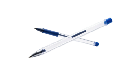 Two transparent writing instruments crossing, with blue ink and caps, against black