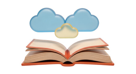 Isolated book with clouds, symbolizing knowledge, learning, reading, education and creativity
