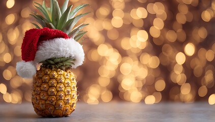 A festive pineapple wearing a santa hat with bokeh background