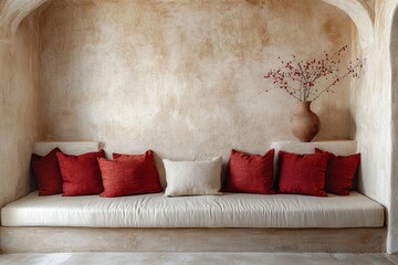 Japanese, wabi-sabi style home interior design of modern living room. Beige fabric sofa with red pillows against stucco wall, Generative AI