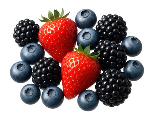 Fresh strawberries, blackberries, and blueberries arranged together.