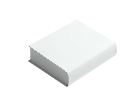 Isolated white book. Perspective shot, blank cover, spine visible, against black background