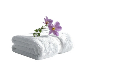 White folded towel with delicate purple flowers on a black background