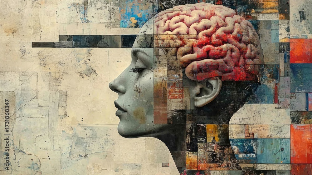 Sticker profile of a person with an open brain on a textured background, suitable for artistic projects, psy
