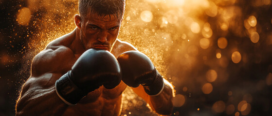 An athlete in boxing gloves, ready for battle, surrounded by splashes of sweat, ideal for sports magazines, training advertisements, and motivational posts.