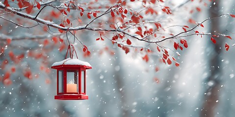 A snowy winter scene featuring a glowing red lantern hanging from branches