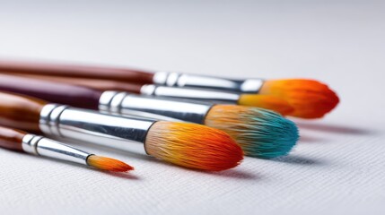 Fototapeta premium Vibrant and Colorful Artist Paint Brushes Displayed on a Smooth White Surface, Perfect for Depicting Creativity, Artistry, and Artistic Endeavors in Stock Photography