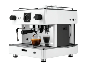 White coffee machine pouring espresso into cups