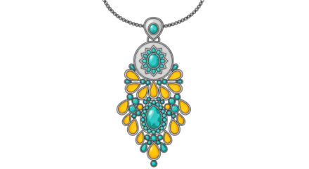 Isolated vintage teardrop pendant with yellow and teal gems on silver chain jewelry art