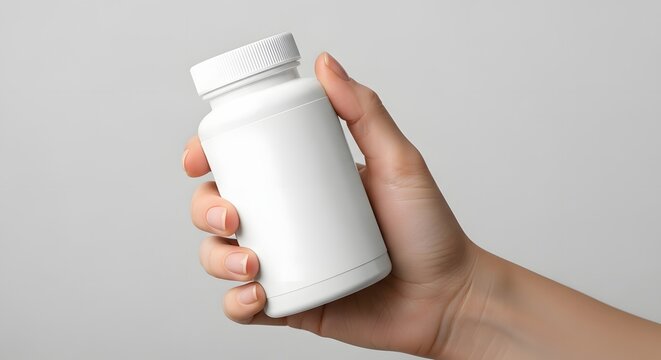 Person holding a plain white supplement bottle against a neutral background, suggesting health and wellness