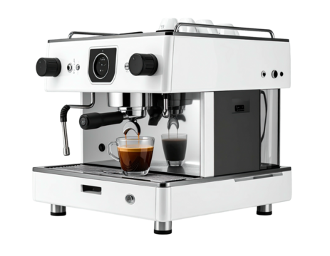 White coffee machine pouring espresso into cups