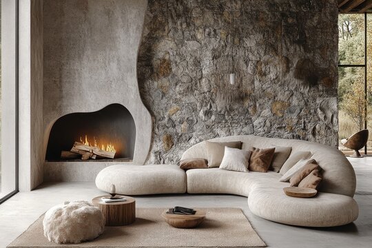 Japandi, boho style home interior design of modern living room. Curved beige sofas against stone cladding wall with fireplace, Generative AI
