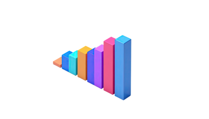 Colorful 3D bar graph rising, on a black background