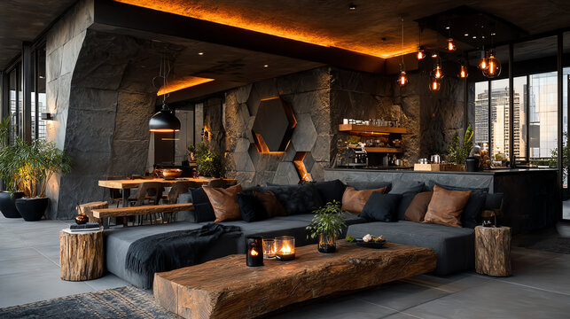 Contemporary living room featuring modern decor, cozy layout, and unique lighting that enhances the warm atmosphere.