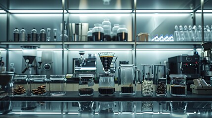Modern Coffee Shop Bar Setup. It shows a sleek coffee bar with brewing equipment and jars. Perfect for cafe promotions, culinary blogs, or hospitality - related designs.