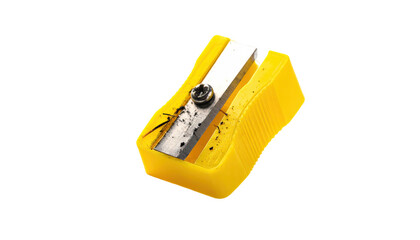A close-up of a yellow pencil sharpener with a silver blade, isolated on black