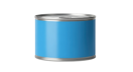 Isolated tin can, food packaging and storage container concept, blank product with blue label