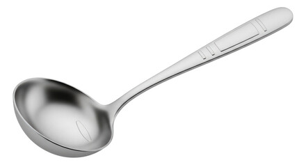 Isolated kitchen soup ladle with shiny metal finish for cooking, food preparation aid