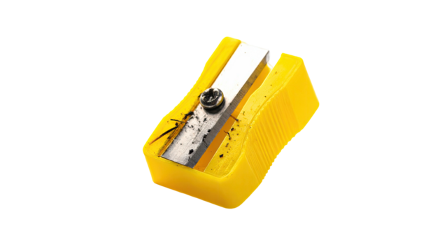 A close-up of a yellow pencil sharpener with a silver blade, isolated on black