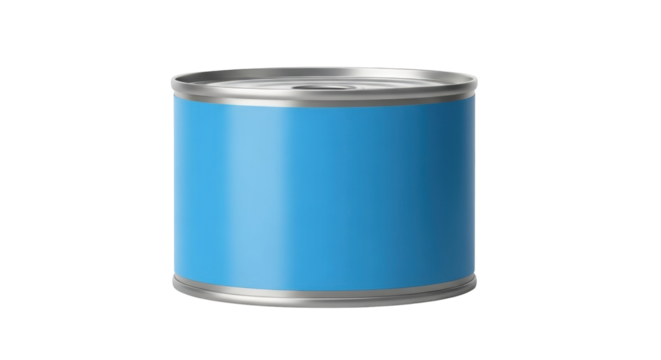 Isolated tin can, food packaging and storage container concept, blank product with blue label