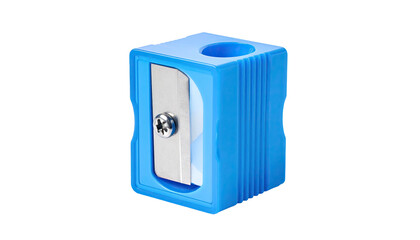 A vibrant blue plastic device with a metal blade, designed for sharpening writing tools