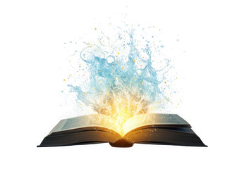 Open book emitting light and water isolated on transparent background