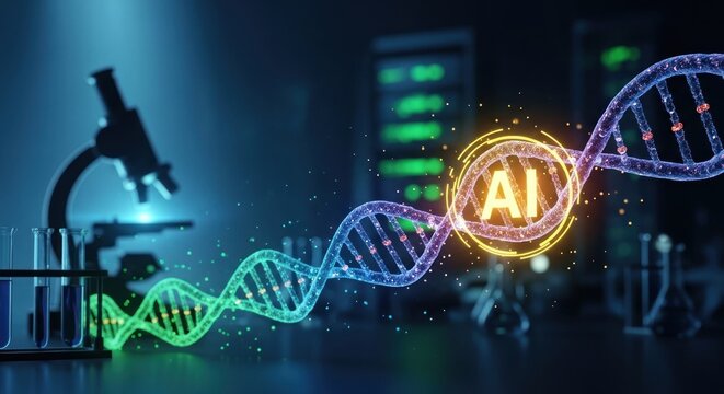 AI and DNA Helix - Futuristic Science and Technology Concept. - Powered by Adobe