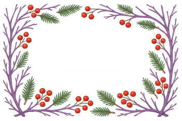 Christmas winter holiday frame with evergreen coniferous branches, red berries, and purple twigs on transparent background