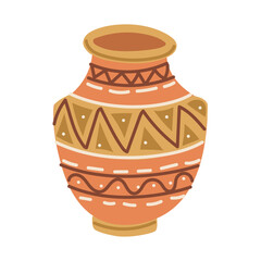 A clay jug decorated with Native American symbols, a color flat illustration. Ancient water vessels. Painted elements for everyday life. Cooking utensils. Nomadic lifestyle. American Indians