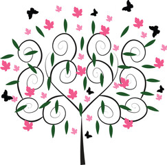 Floral abstract vector design with pink flowers, butterflies, and a tree branch illustration for a spring or valentine's day card decoration