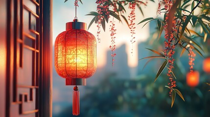Traditional Chinese Lantern in Garden. It shows a glowing red Chinese lantern amid greenery. Great for Chinese New Year, cultural event promotions, or Asian - themed decor and design projects.