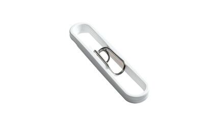A white elongated shape, with a silver clip within its open rectangular center