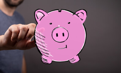 Savings, finance, money, piggy bank, digital, concept, hand, technology, wealth, growth, future,...
