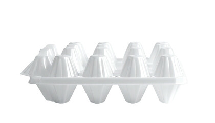 A white, molded-pulp container for eggs, with multiple shaped cavities