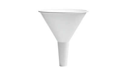 A white, conical funnel with a cylindrical spout, isolated on a black background