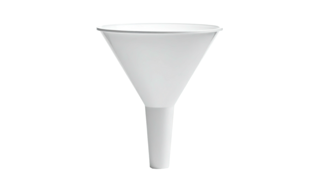 A white, conical funnel with a cylindrical spout, isolated on a black background