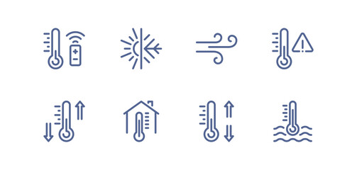 Heating and cooling icon set, temperature control, thermostat, air ventilation, radiator, sun heat, cold snowflake, house climate system, water drop humidity, airflow regulation linear vector.