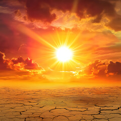 Dramatic sunset over cracked desert landscape with vibrant clouds