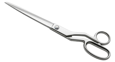 Isolated stainless steel hairdressing scissors, professional grooming tools, open in diagonal position