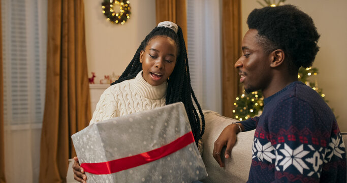 Two young people of multi-racial background sit on a couch in the living room, talking on a winter evening. A shimmering Christmas tree is behind them. The young woman holds a gift she prepared for