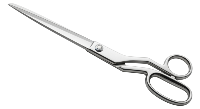 Isolated stainless steel hairdressing scissors, professional grooming tools, open in diagonal position