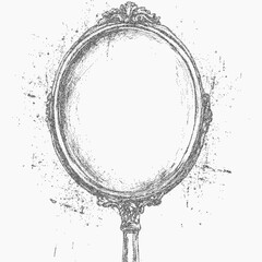 Framed mirror with rough ink border, halftone grain and dusty speckled texture. Scattered paper noise and worn threshold give it an aged grunge aesthetic.