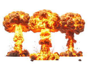 Three large explosions in close proximity, showing plumes of orange-yellow fire and smoke