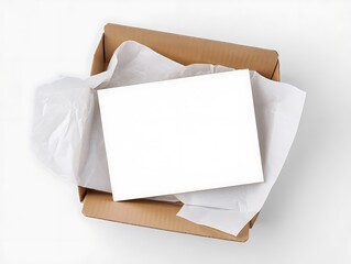 Blank white card inside cardboard box with crumpled paper, top view composition. Perfect for delivery, packaging, shipping, marketing, business promotions, product branding, and advertising.