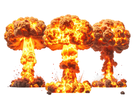 Three large explosions in close proximity, showing plumes of orange-yellow fire and smoke