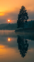 Fototapeta premium The serene landscape features a serene lake at sunrise, a vibrant sun, a pine tree, and a dense forest, with soft mist creating a palette of deep blues, greens, and warm yellows.