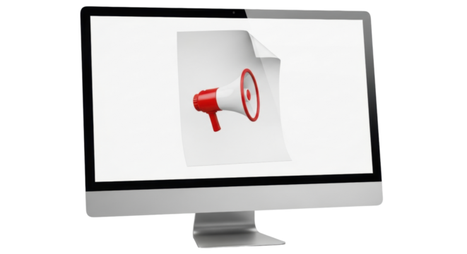 Isolated desktop computer screen displaying sheet of paper with megaphone icon image